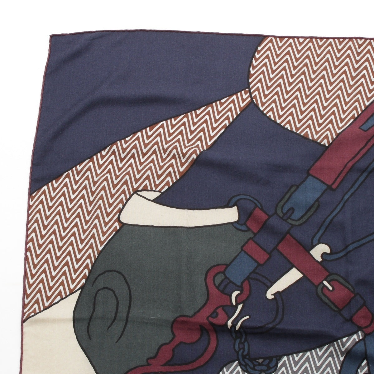 HERMES silk x cashmere Carre Harnais de ca cabriolet scarf Navy system