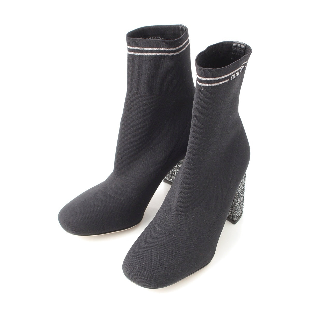 MIUMIU Embroidered logo glitter heel short socks boots shoes black 34 1/2