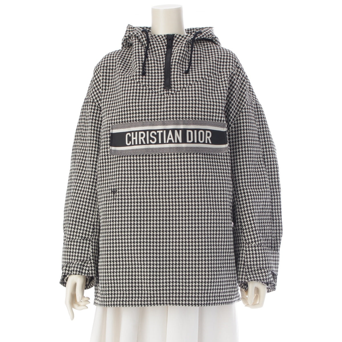 Christian Dior Logo Houndstooth Oblique Technical Taffeta Hoodie Anorak Jacket outer 017C10A2856 Black x white XS