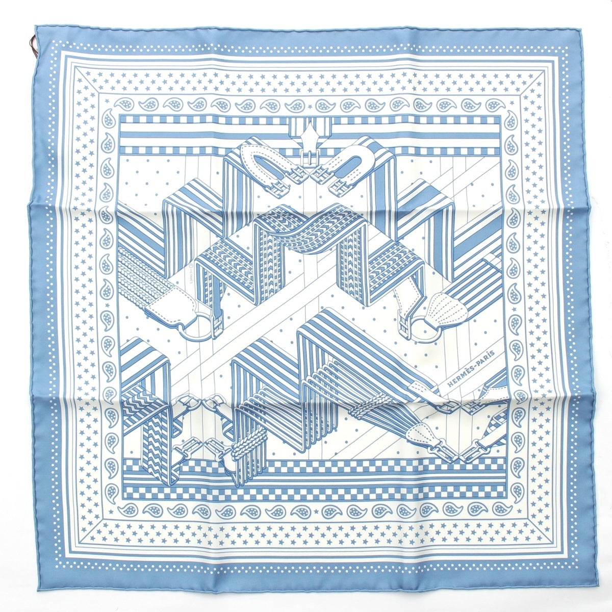 HERMES Carre 55 silk SANGLES EN ZIGZAG scarf bandana Blue white