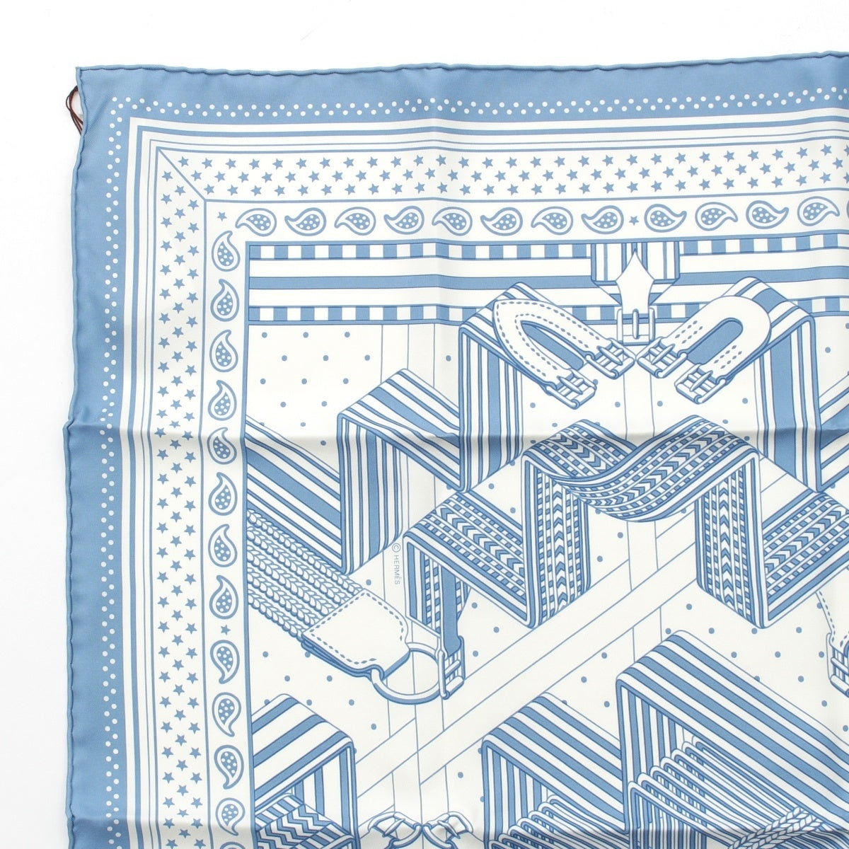 HERMES Carre 55 silk SANGLES EN ZIGZAG scarf bandana Blue white