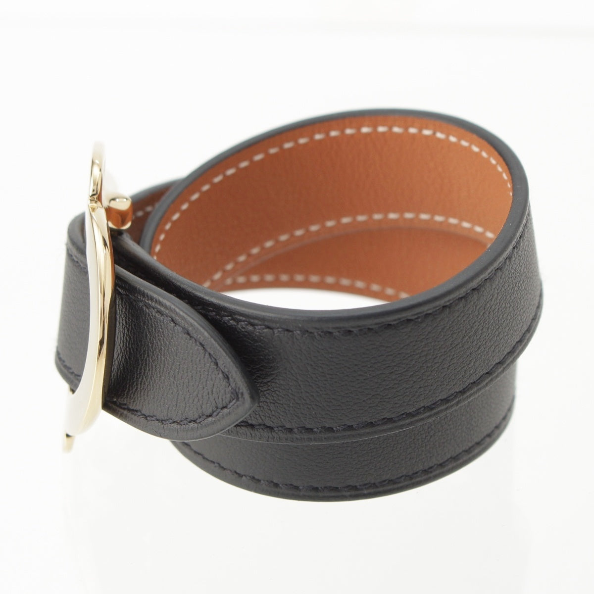 HERMES Bookluri leather Gold buckle bracelet Black brown