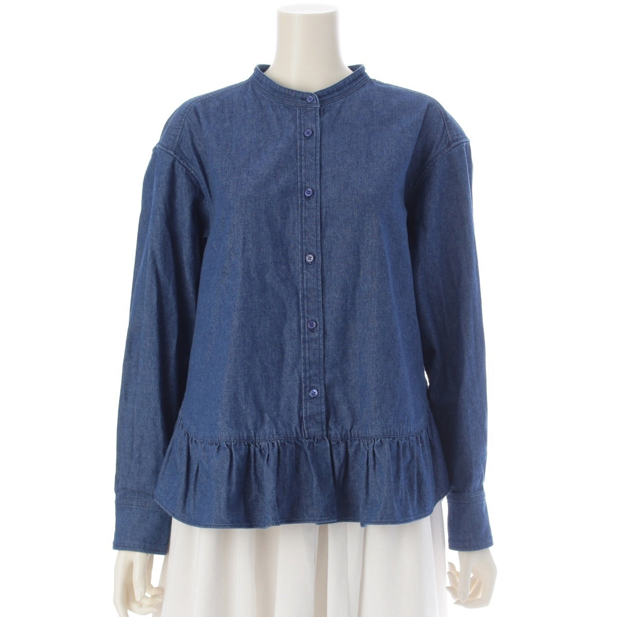 Drawer cotton Denim ruffles blouse Long sleeve top Indigo 36