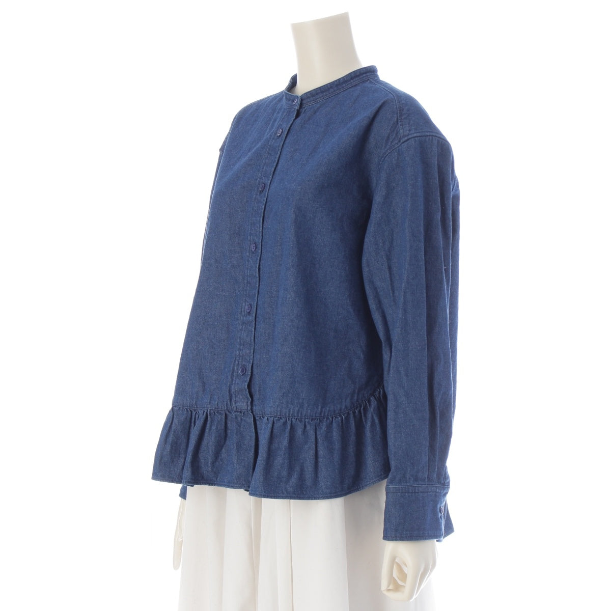 Drawer cotton Denim ruffles blouse Long sleeve top Indigo 36