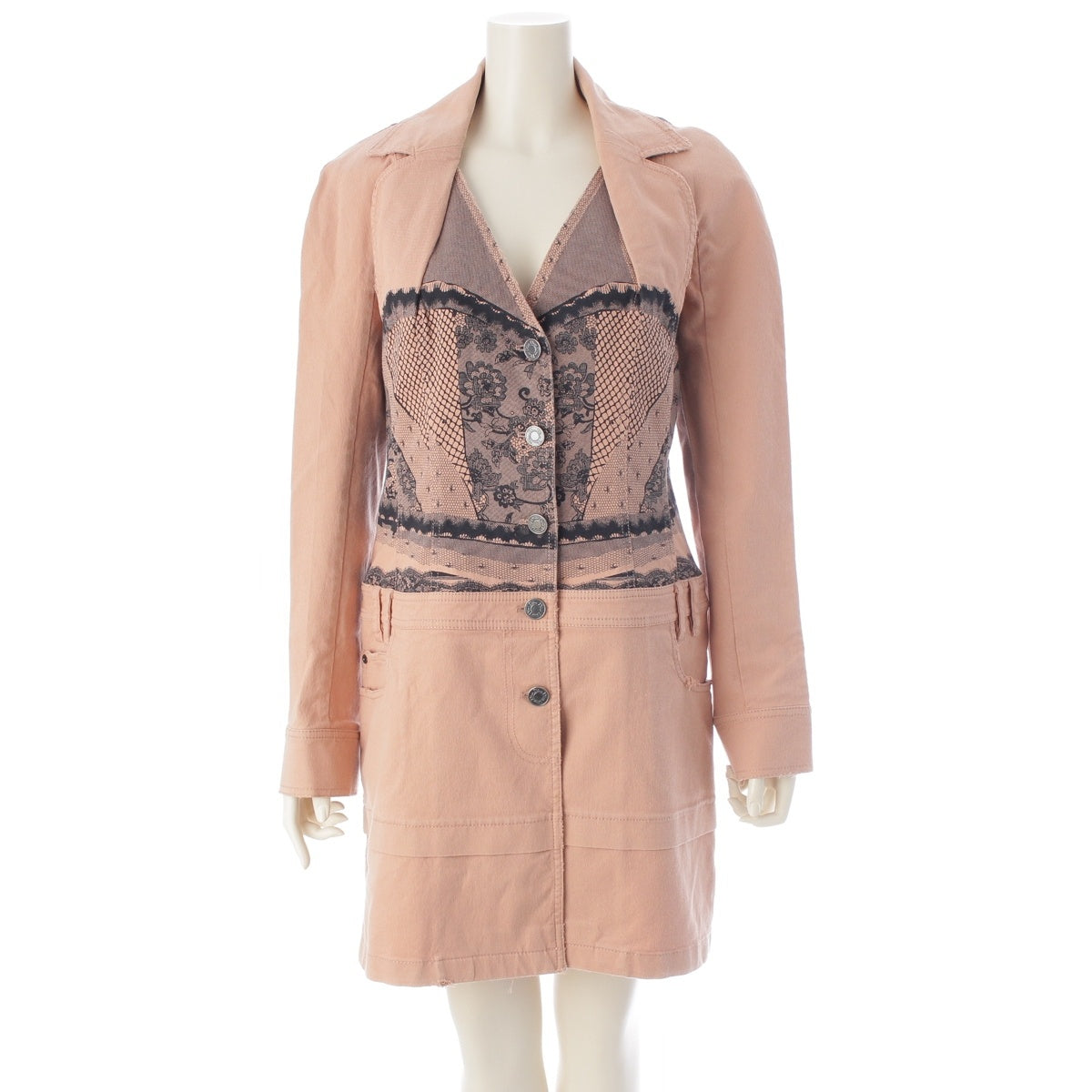 Christian Dior Galliano period lace print distressed denim coat outer 6E12088030 pink 40