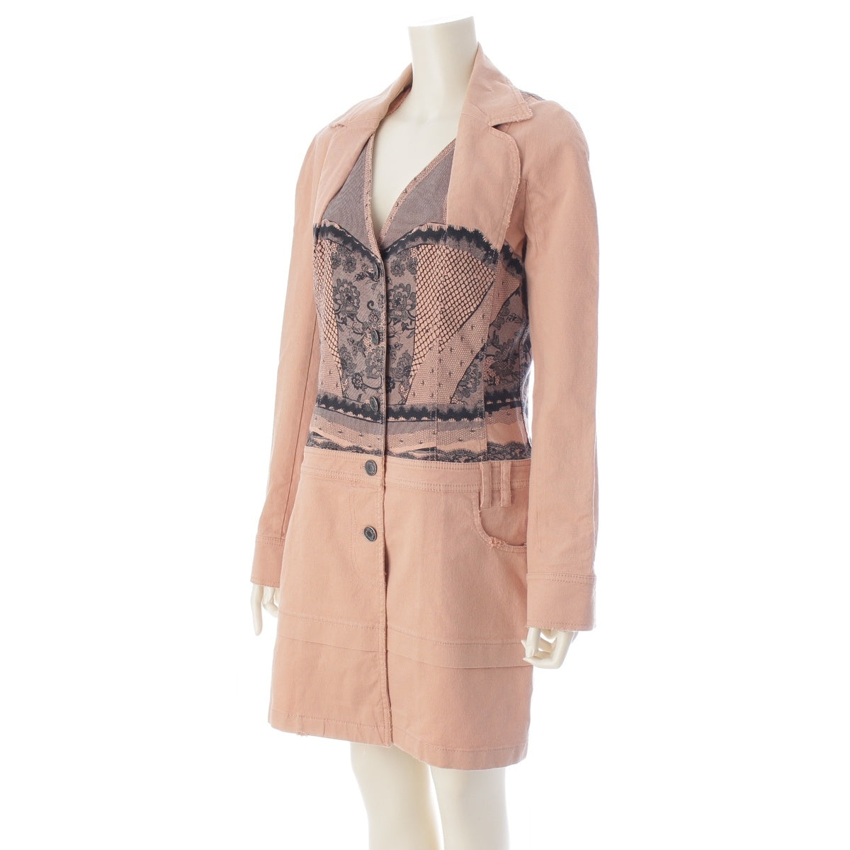 Christian Dior Galliano period lace print distressed denim coat outer 6E12088030 pink 40