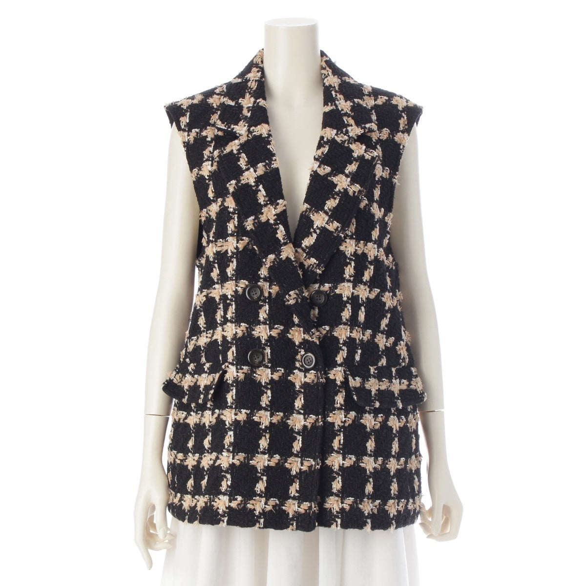 GRACE Class Nylon wool cotton blend Tweed Check Pattern Double-Breasted Vest Jacket tops 02233 57224 black 36