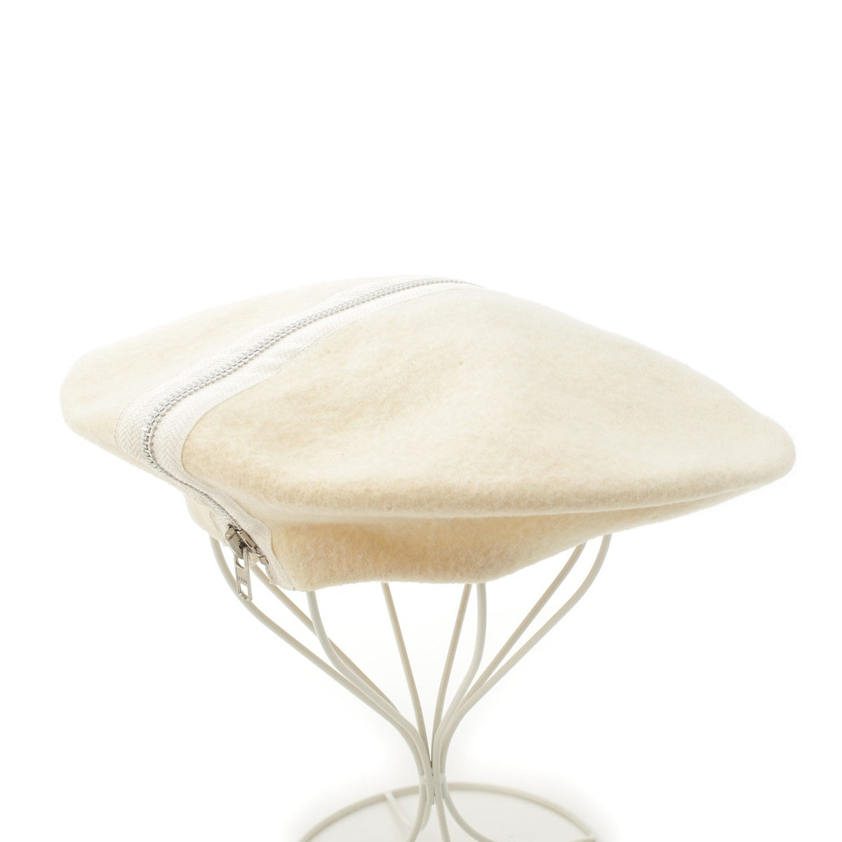 COMME des GARCONS Wool felt Center Zip Silver Metal beret cap Ivory White