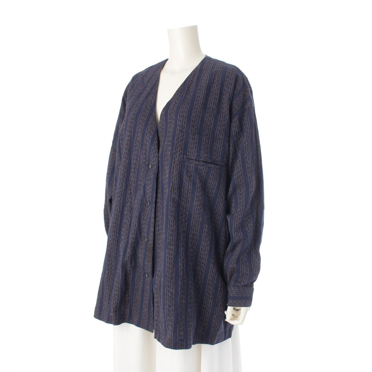 ISSEY MIYAKE Double welt pockets, no collar, Kasuri stripe Long sleeve shirt Jacket Navy M