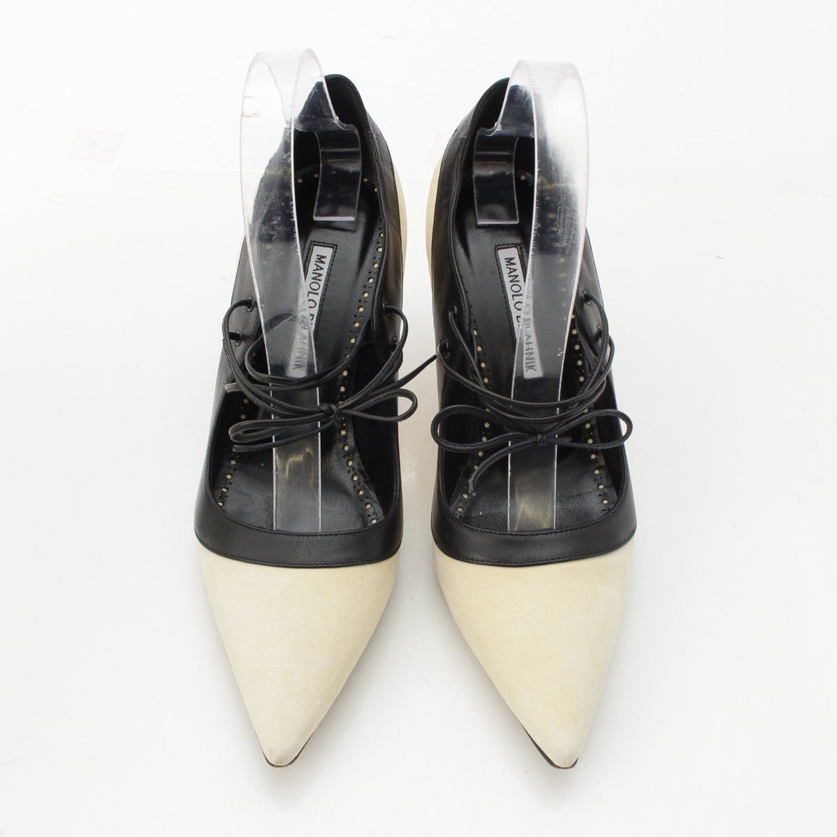 MANOLO BLAHNIK DILYS Suede Nappa Leather lace-up heels pumps Ivory