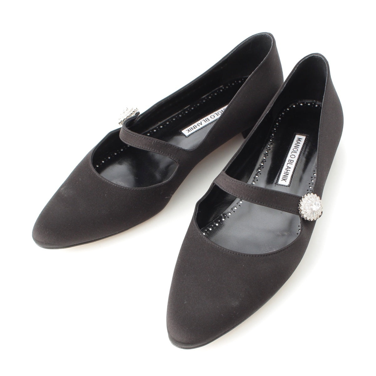 MANOLO BLAHNIK MARIJANA Satin Beaded Mary Jane Flats pumps black 38 1/2