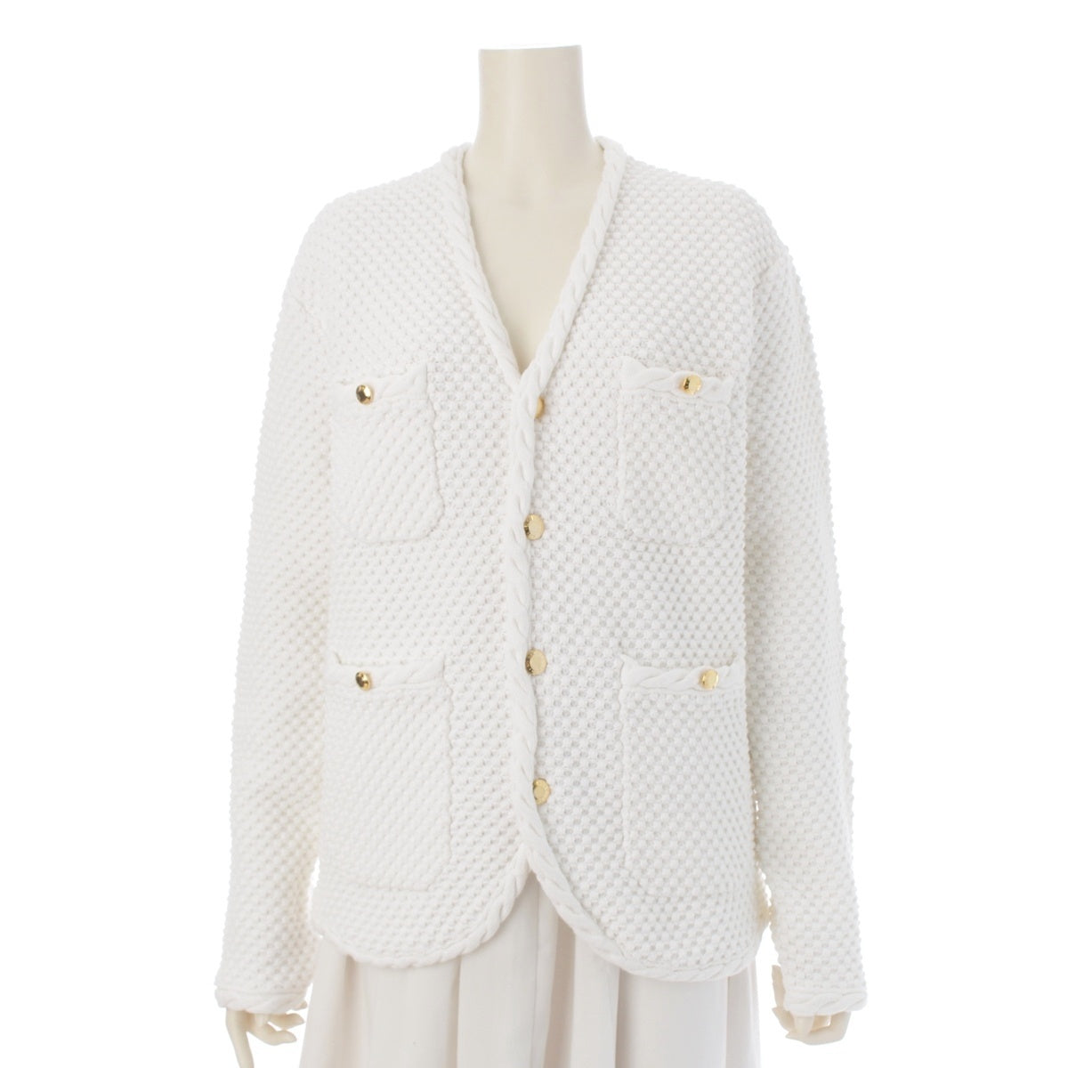 Drawer 5G Cable Piping Collarless Knit Jacket cardigan 6515-199-0553 white