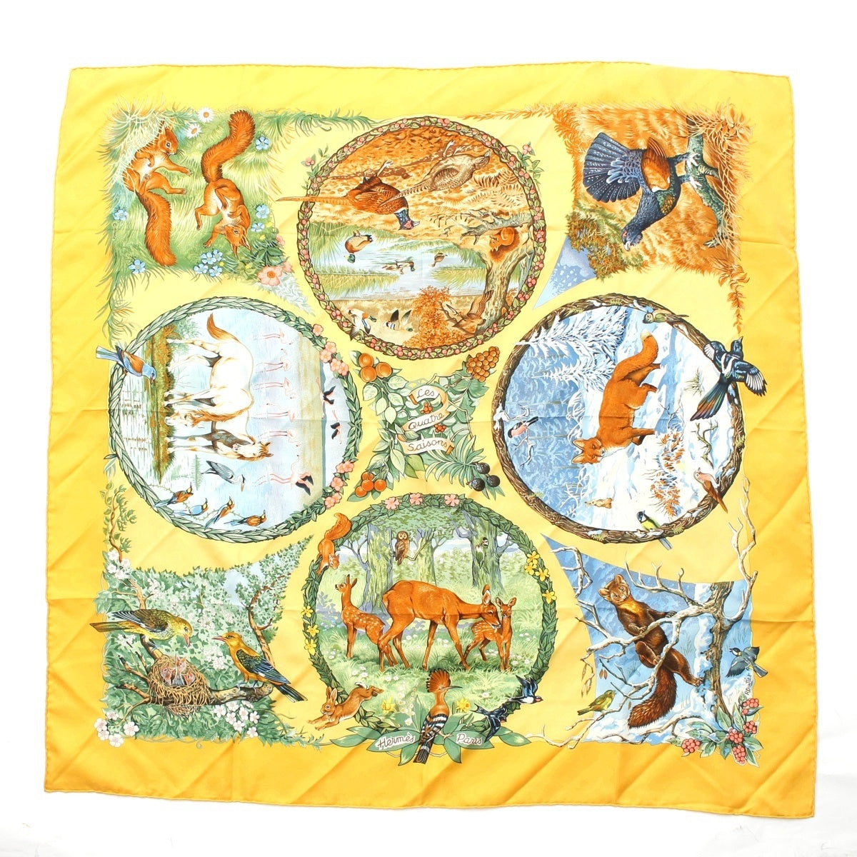 HERMES Calle 90 silk Les Quatre Saisons Four Seasons scarf yellow