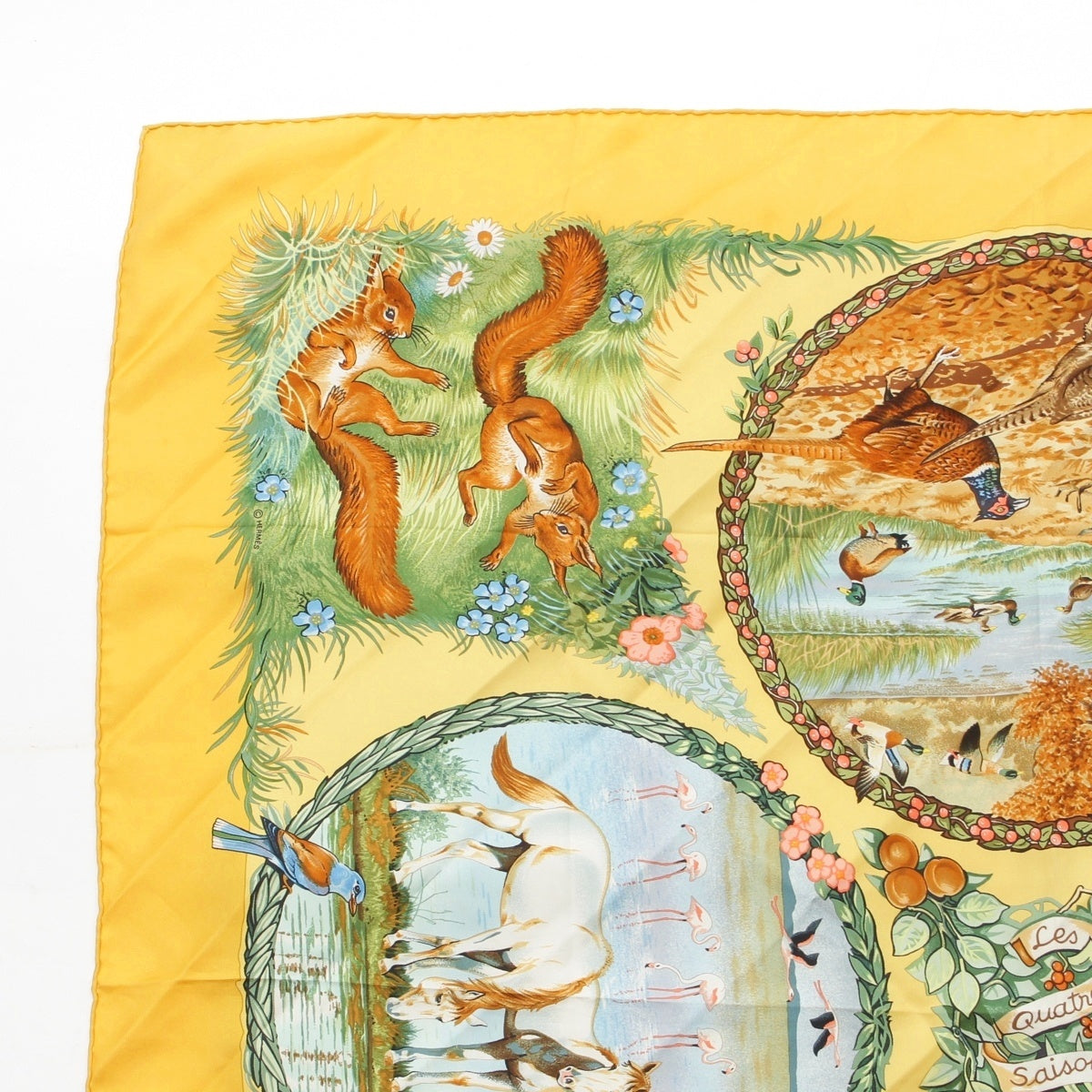 HERMES Calle 90 silk Les Quatre Saisons Four Seasons scarf yellow