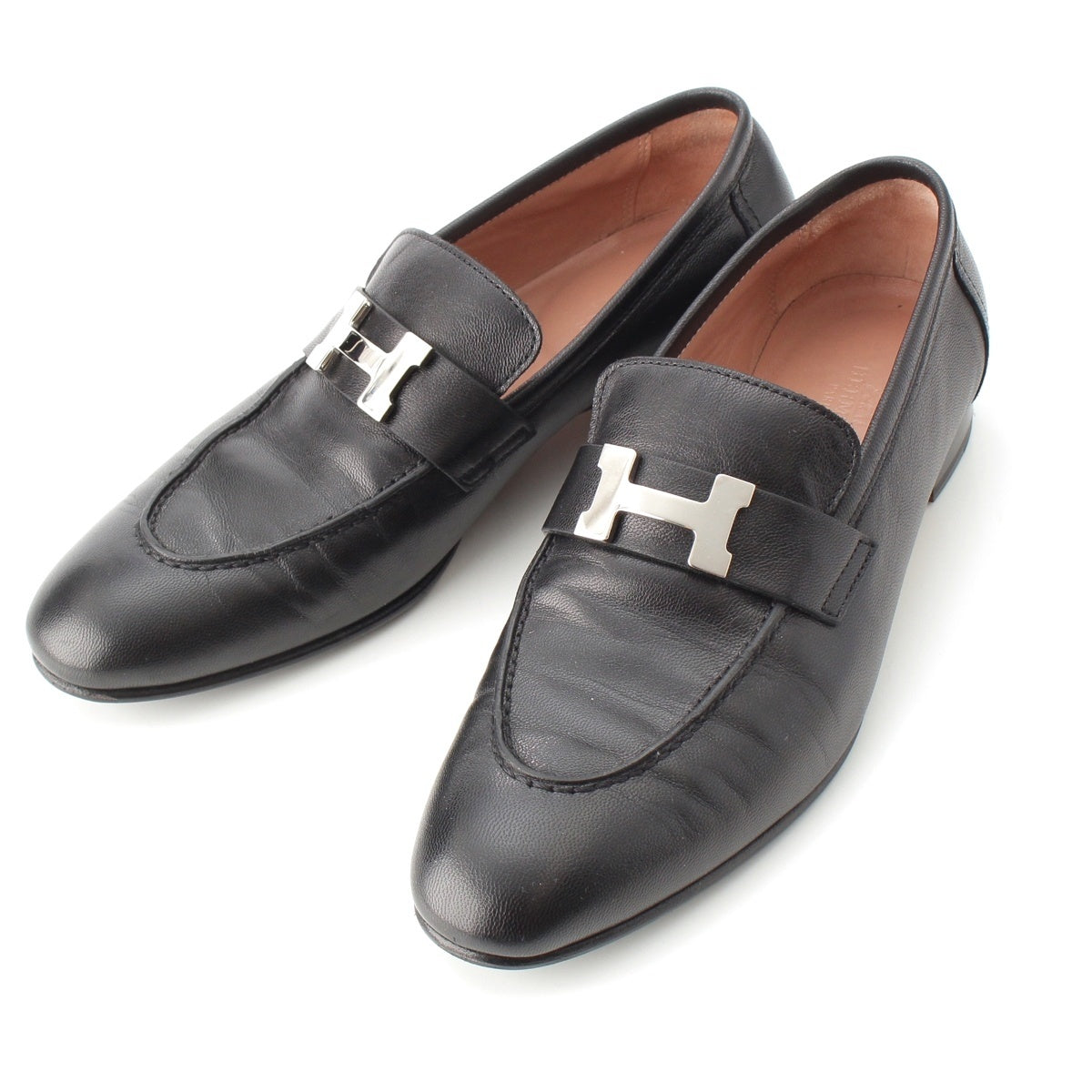 HERMES Moccasin leather Constance H motif buckle Silver Metal loafers shoes black 371/2