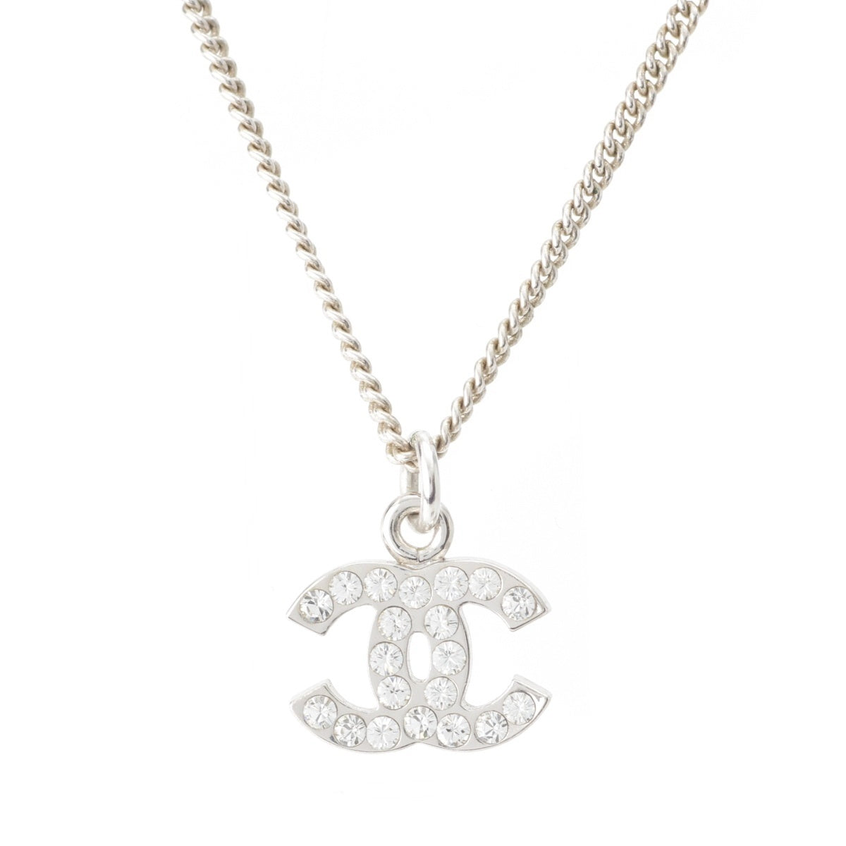 CHANEL Rhinestone COCO Mark Necklace Accessories Silver
