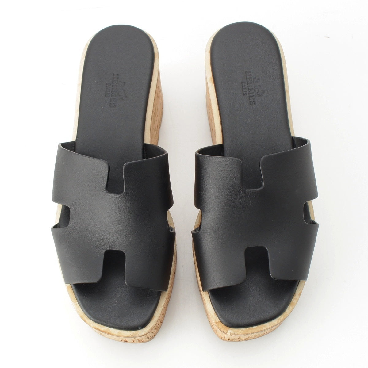 HERMES Eze leather Wedge sole Sandals black