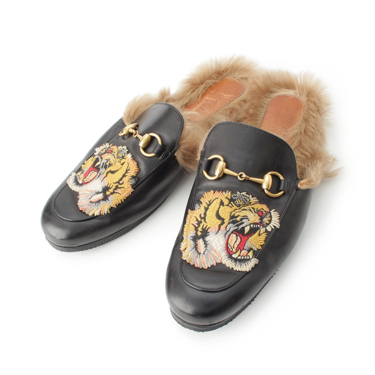GUCCI leather Fur Bit Tiger Pattern Slip-on Shoes loafers black
