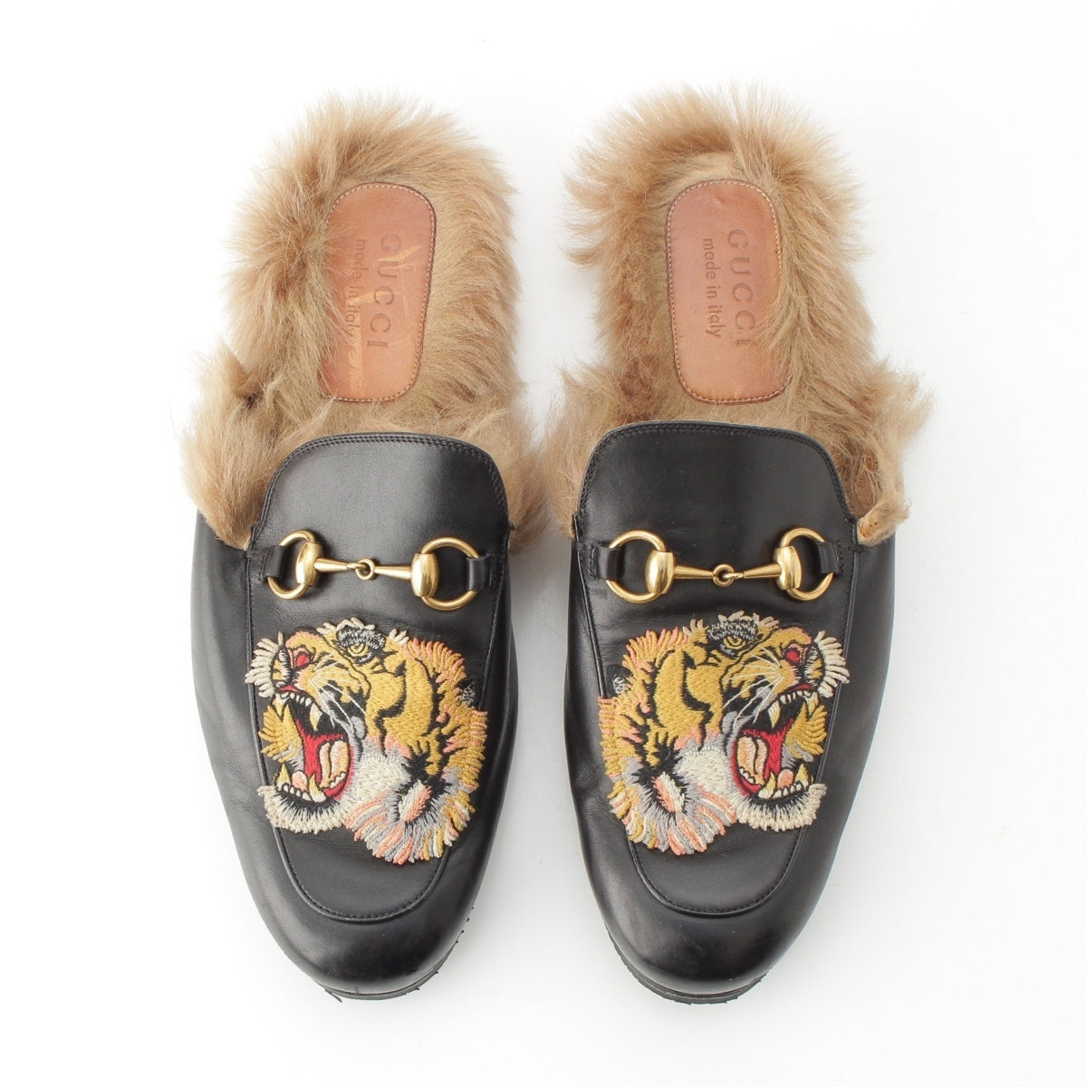 GUCCI leather Fur Bit Tiger Pattern Slip-on Shoes loafers black
