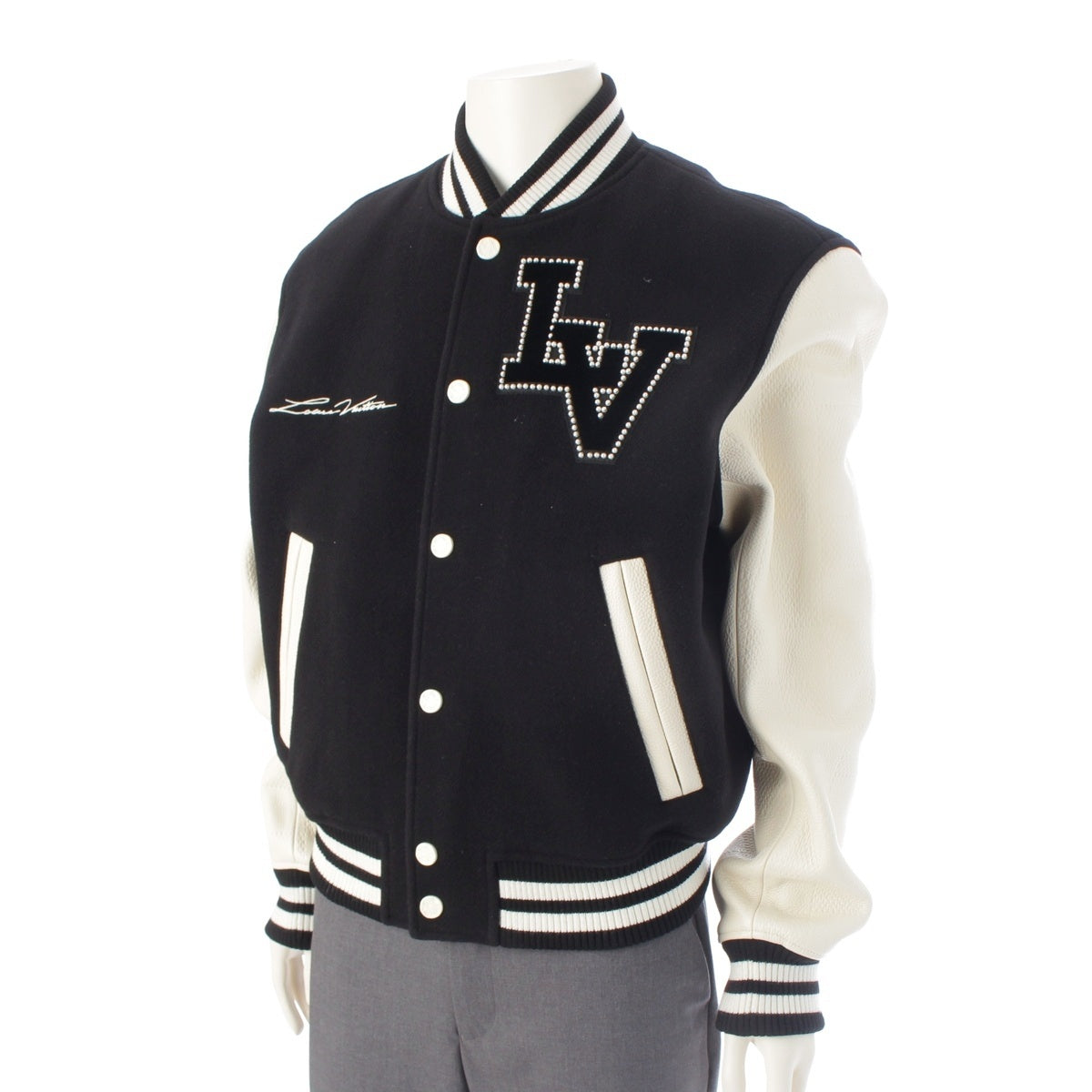 LOUIS VUITTON Wool Arm Leather Logo patch Stajan Blouson outerwear RM241 BQV HQL70E Black White 52