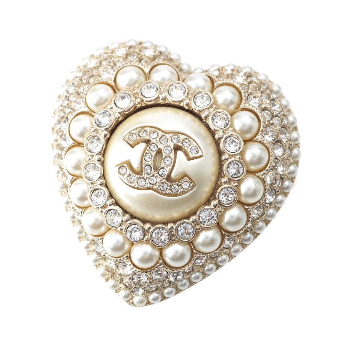 CHANEL L22B COCO Mark Rhinestone Pearl Heart Corsage Brooch Accessories gold