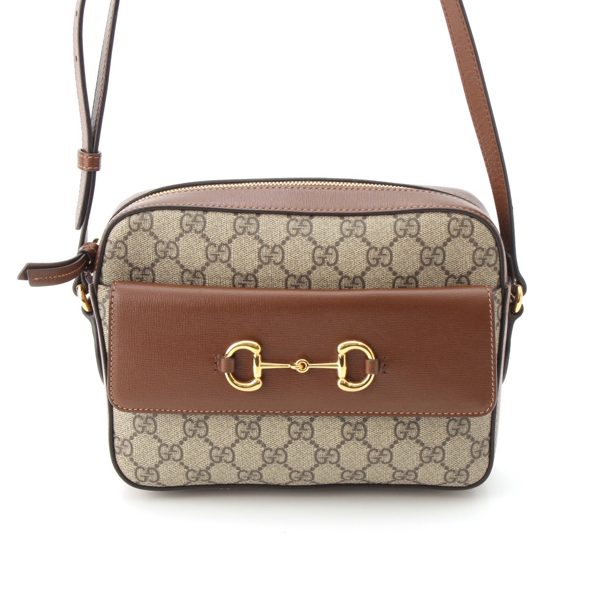 GUCCI GG Supreme Horsebit PVCx leather Gold Metal Shoulder Bag 645454 Brown beige