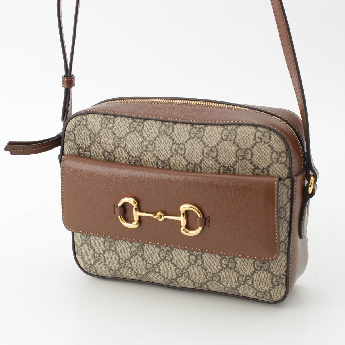 GUCCI GG Supreme Horsebit PVCx leather Gold Metal Shoulder Bag 645454 Brown beige