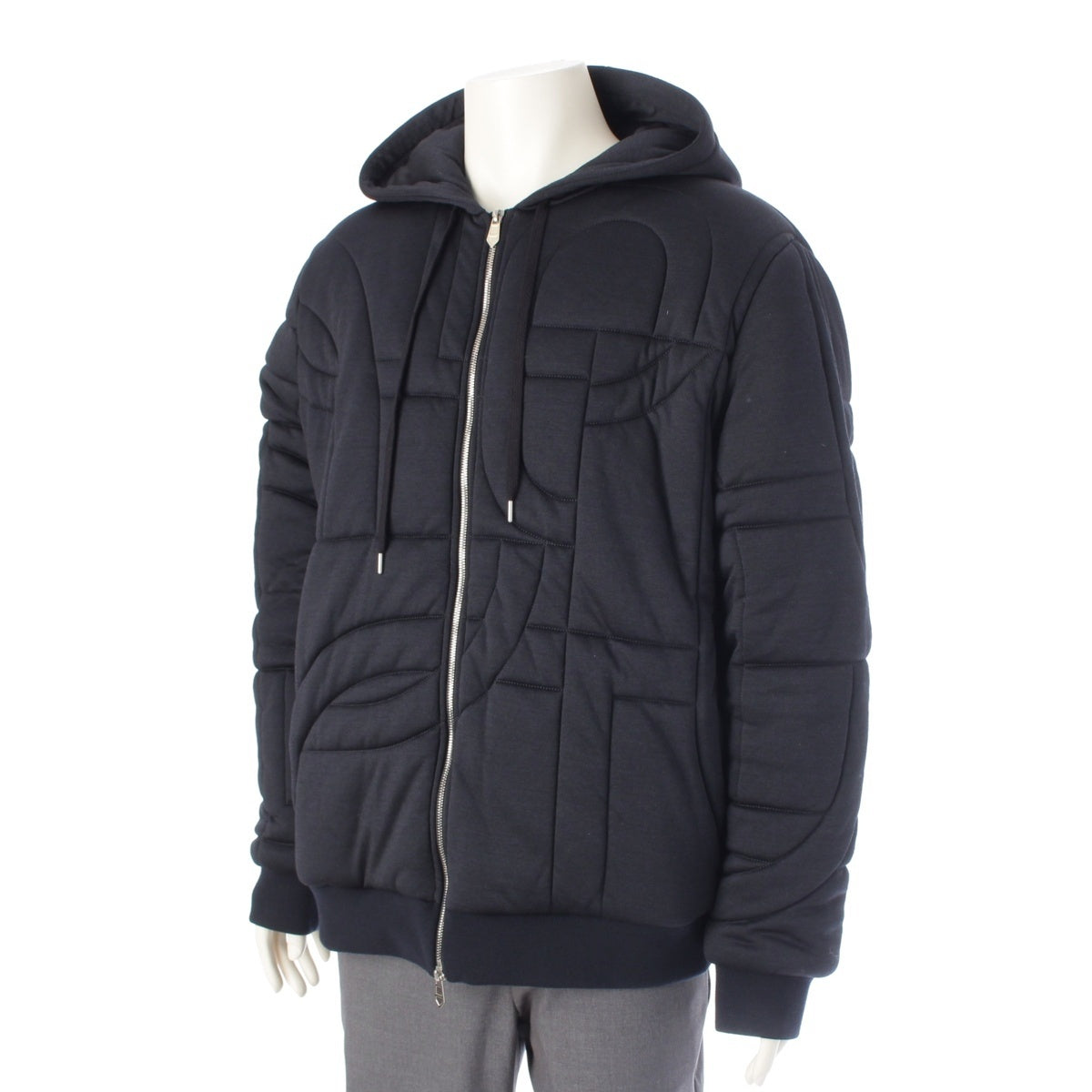 HERMES Maillon 3D Quilted Zip-Up Hooded Jacket outer Navy XXL