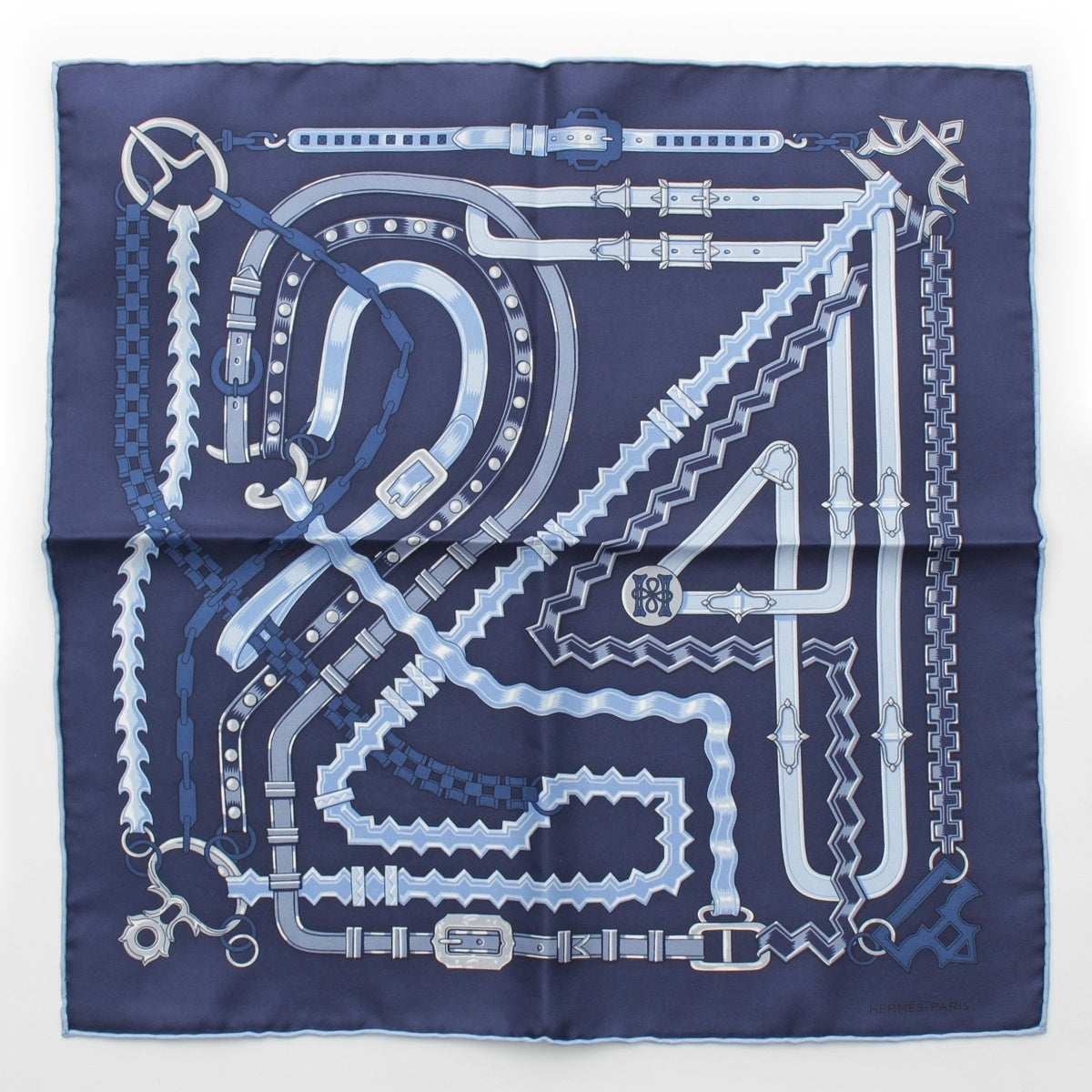 HERMES silk Carré 454 Brides et Chaines scarf Navy