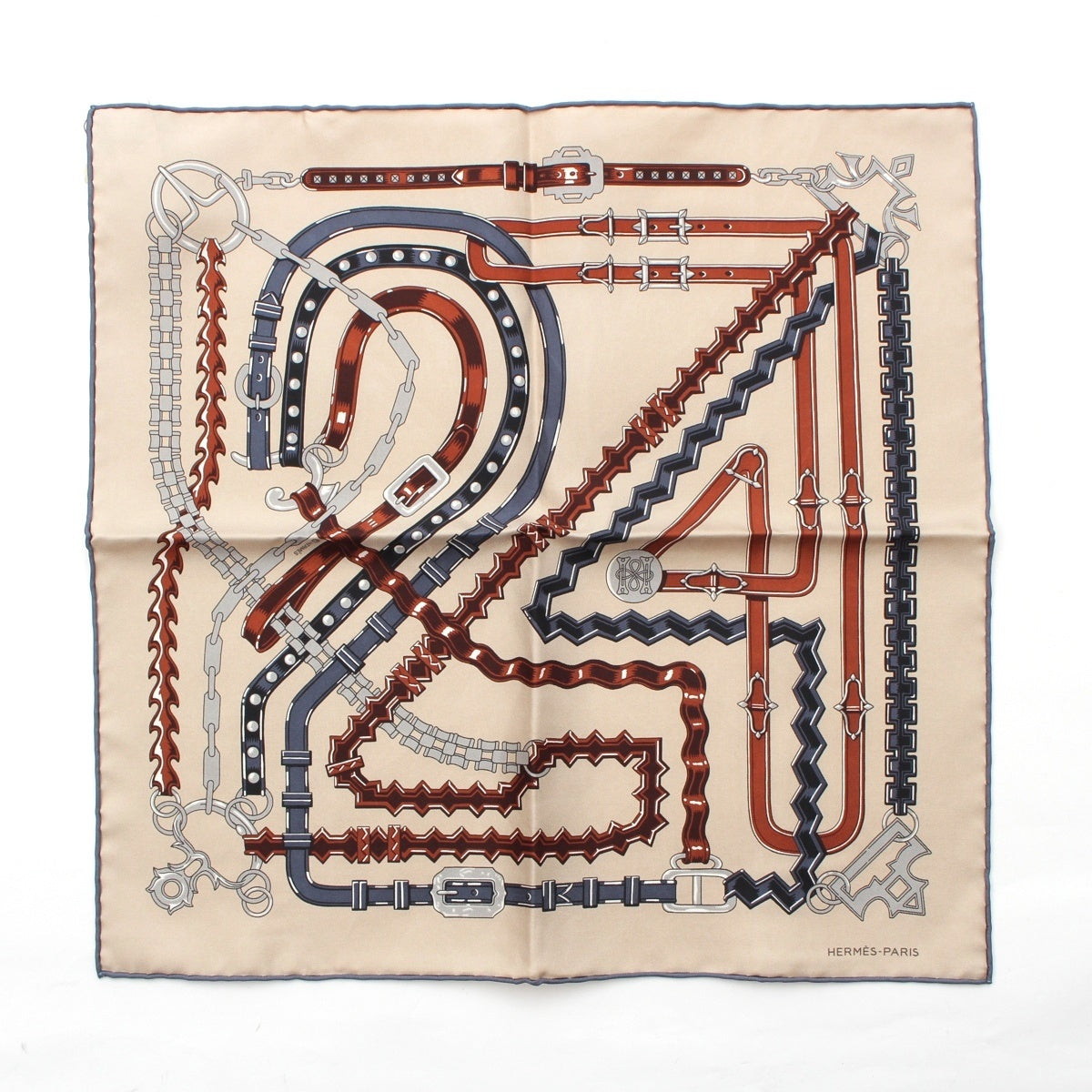 HERMES Carré 45 24 Brides et Chaines Brides et Chaines silk scarf beige