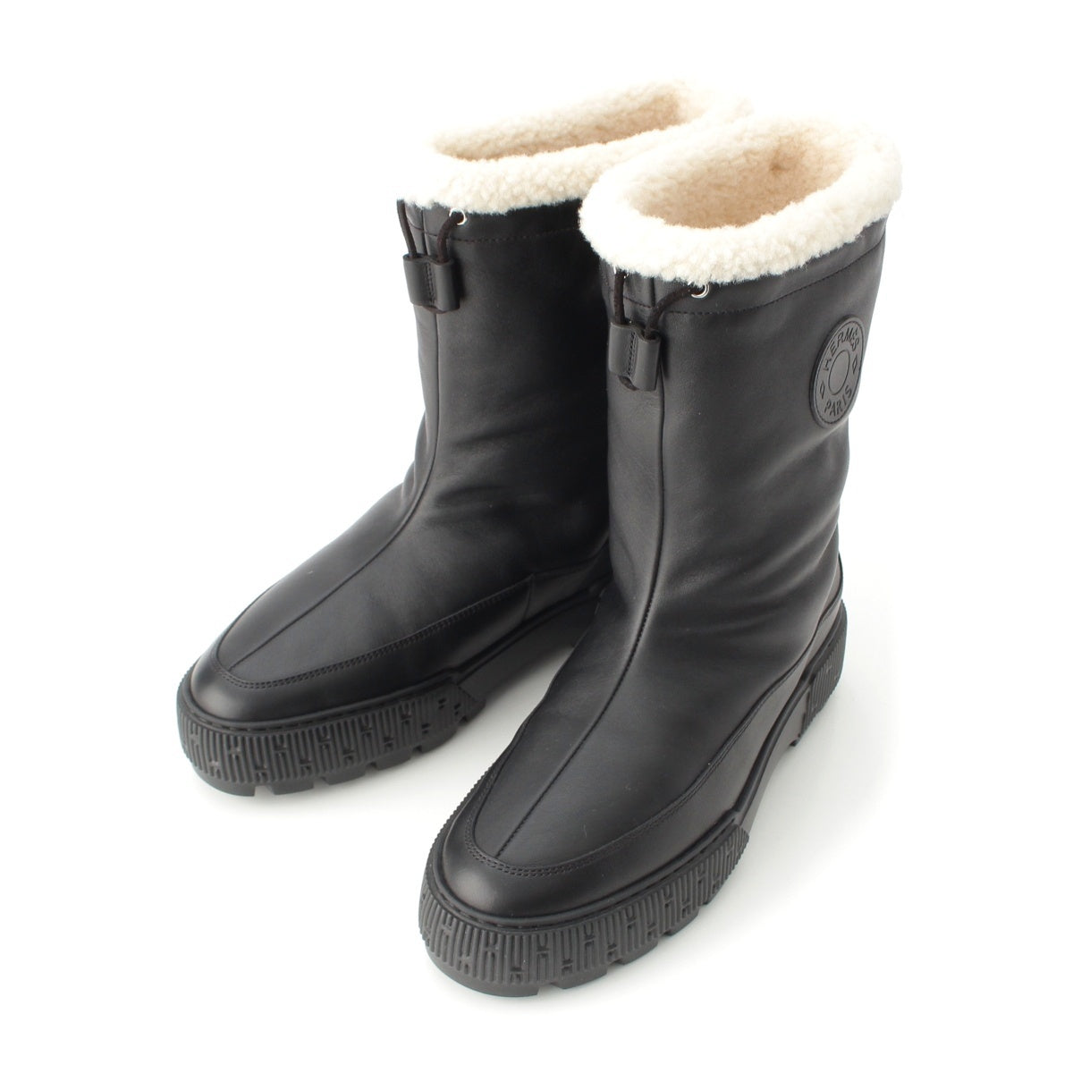 HERMES Journey leather Logo Mouton Ankle boots shoes black 36