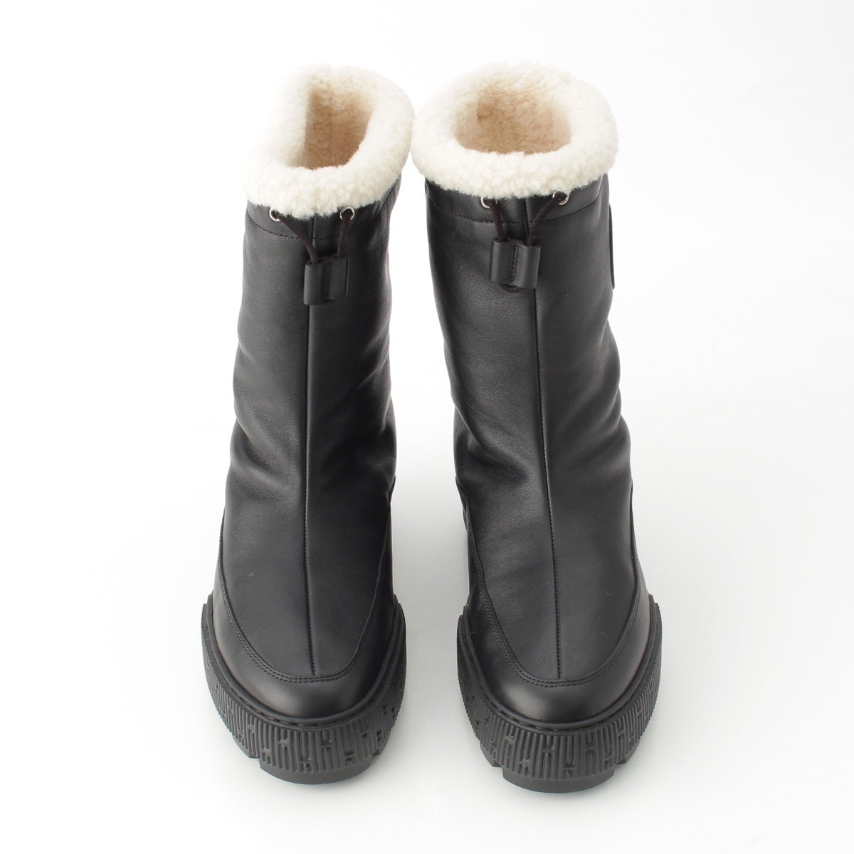 HERMES Journey leather Logo Mouton Ankle boots shoes black 36