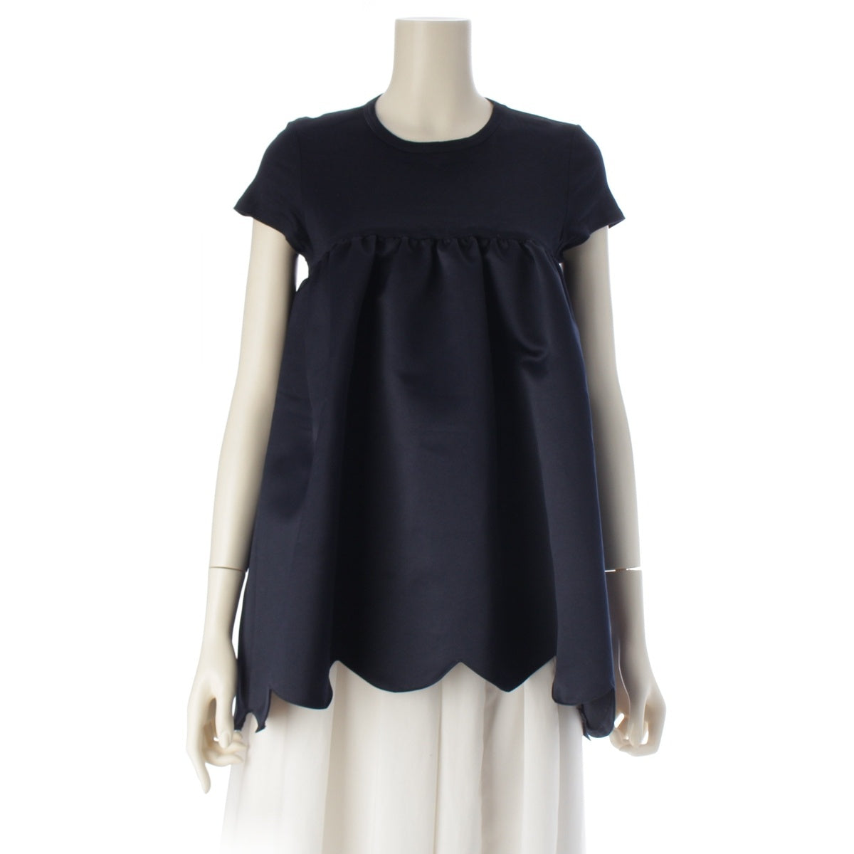 YOKO CHAN Half Sleeve Hem Scallop Top Tunic YCT-223-053 Navy 36