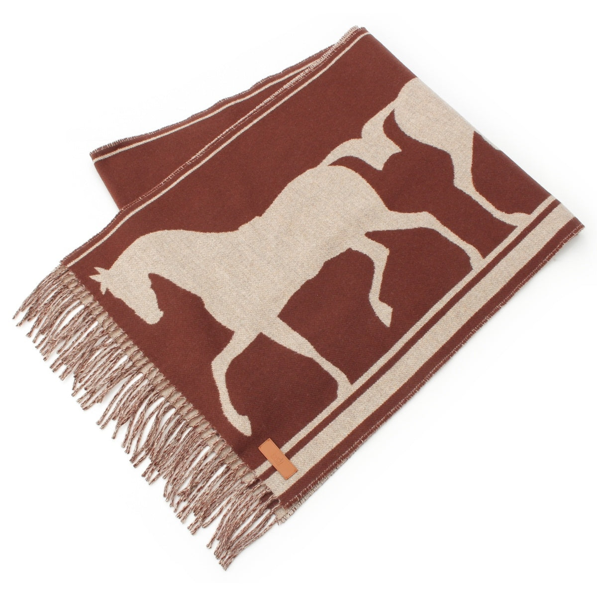 HERMES Tet a Qu cashmere Leather logo patch with fringe Scarf Brown beige