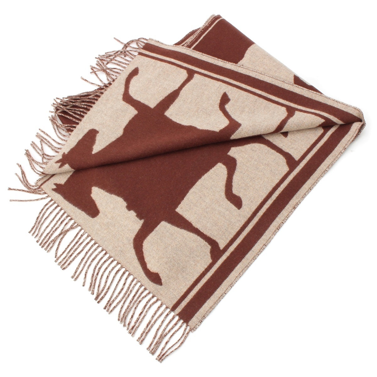 HERMES Tet a Qu cashmere Leather logo patch with fringe Scarf Brown beige