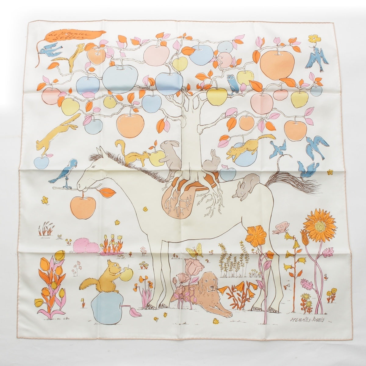 HERMES silk Carré 90 LA POMMIER SELLIER Le Pommier Serie scarf white