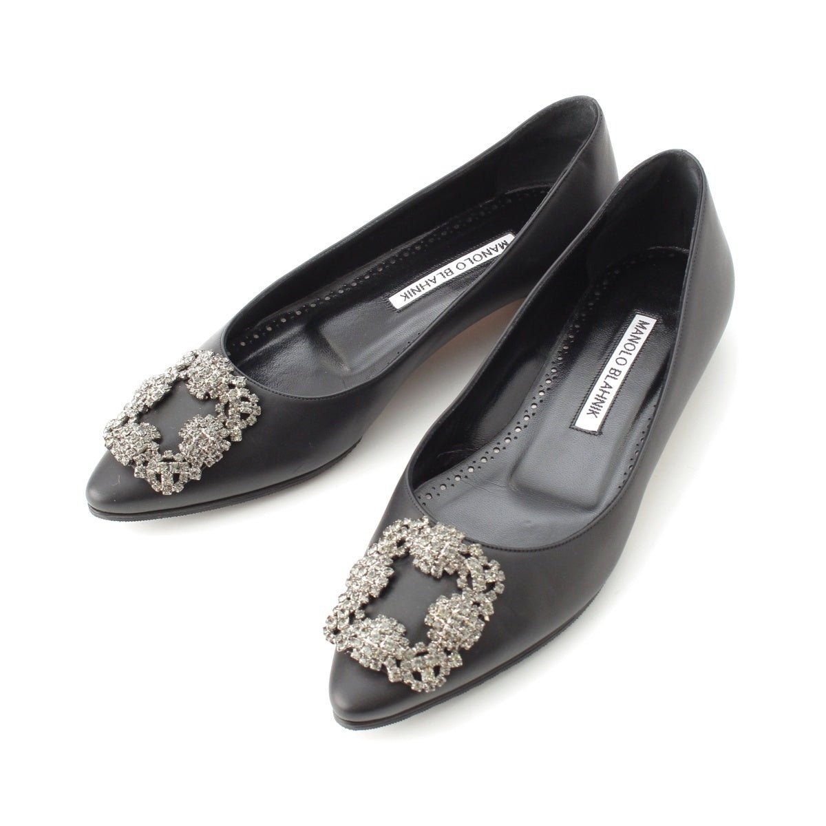 MANOLO BLAHNIK HANGISI leather Jewel Buckle Flat pumps shoes black 35