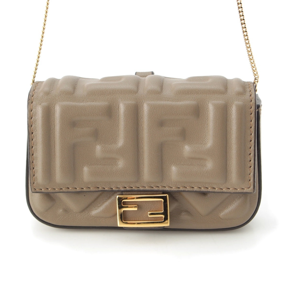 FENDI FF Zucca Mamma Bucket Leather Gold Chain Shoulder Bag Pouch 7AR844 beige