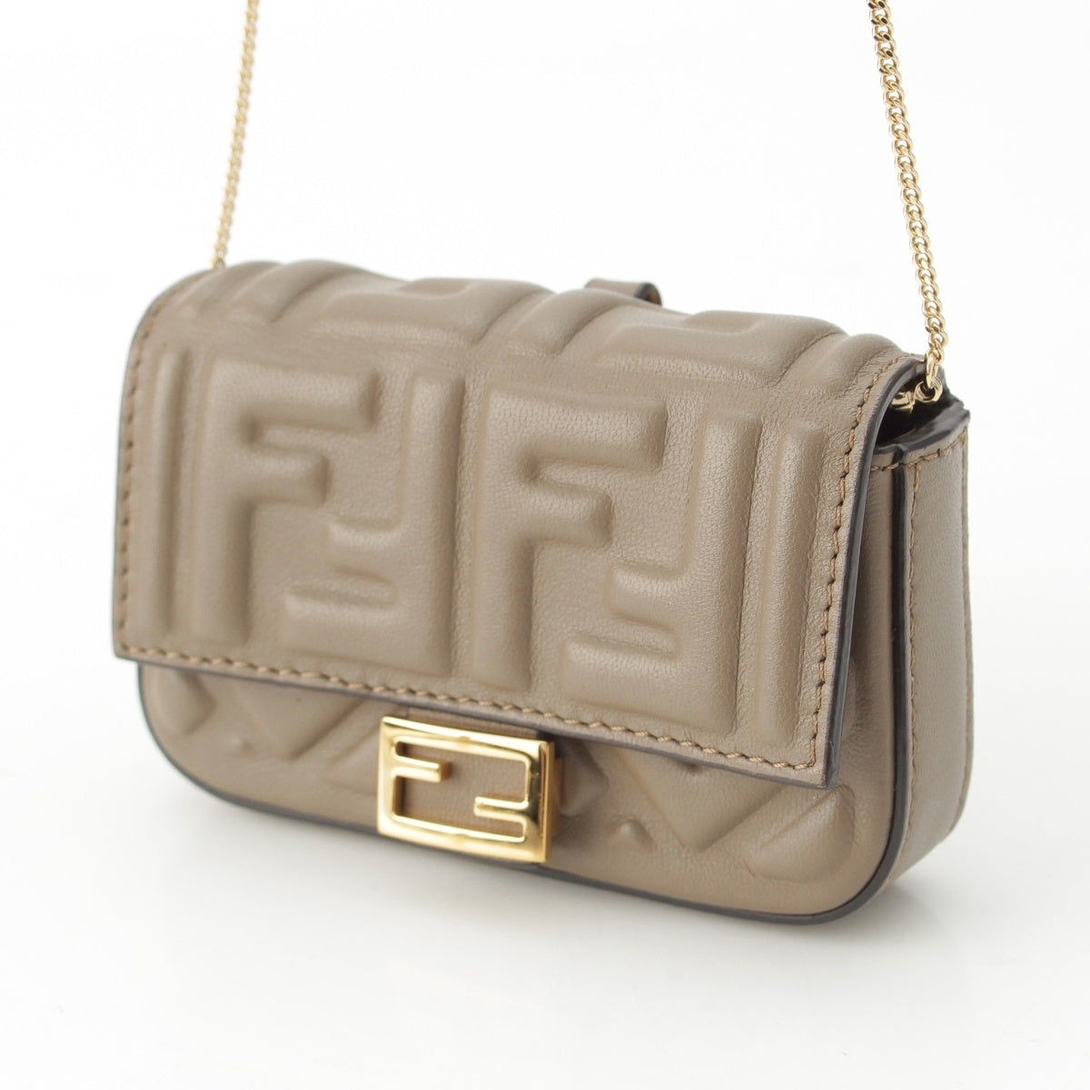 FENDI FF Zucca Mamma Bucket Leather Gold Chain Shoulder Bag Pouch 7AR844 beige