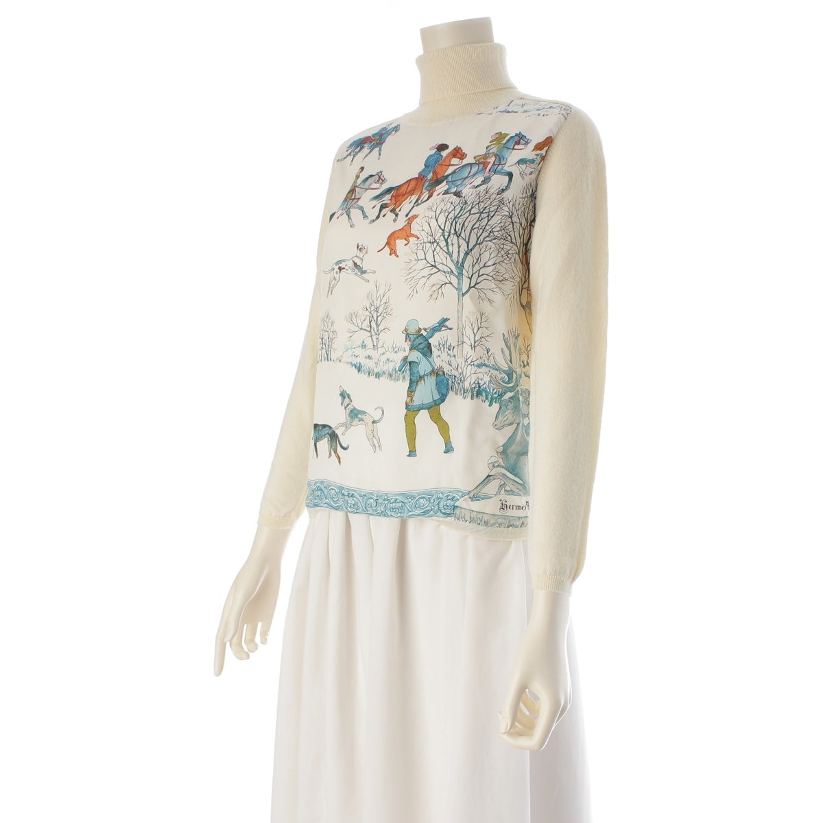 HERMES Wool silk Margiela-era LHIVER high neck knit tops white 36