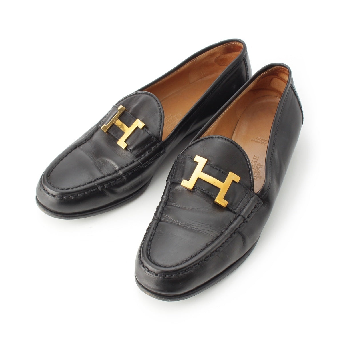 HERMES leather Moccasin Flats loafers black 36.5