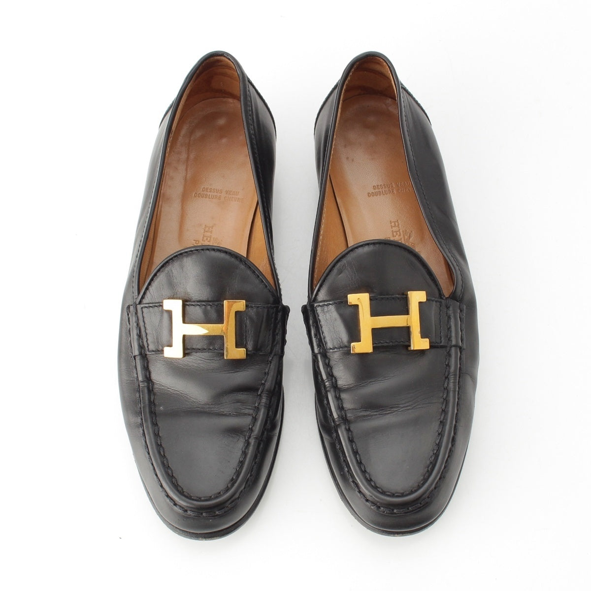 HERMES leather Moccasin Flats loafers black 36.5