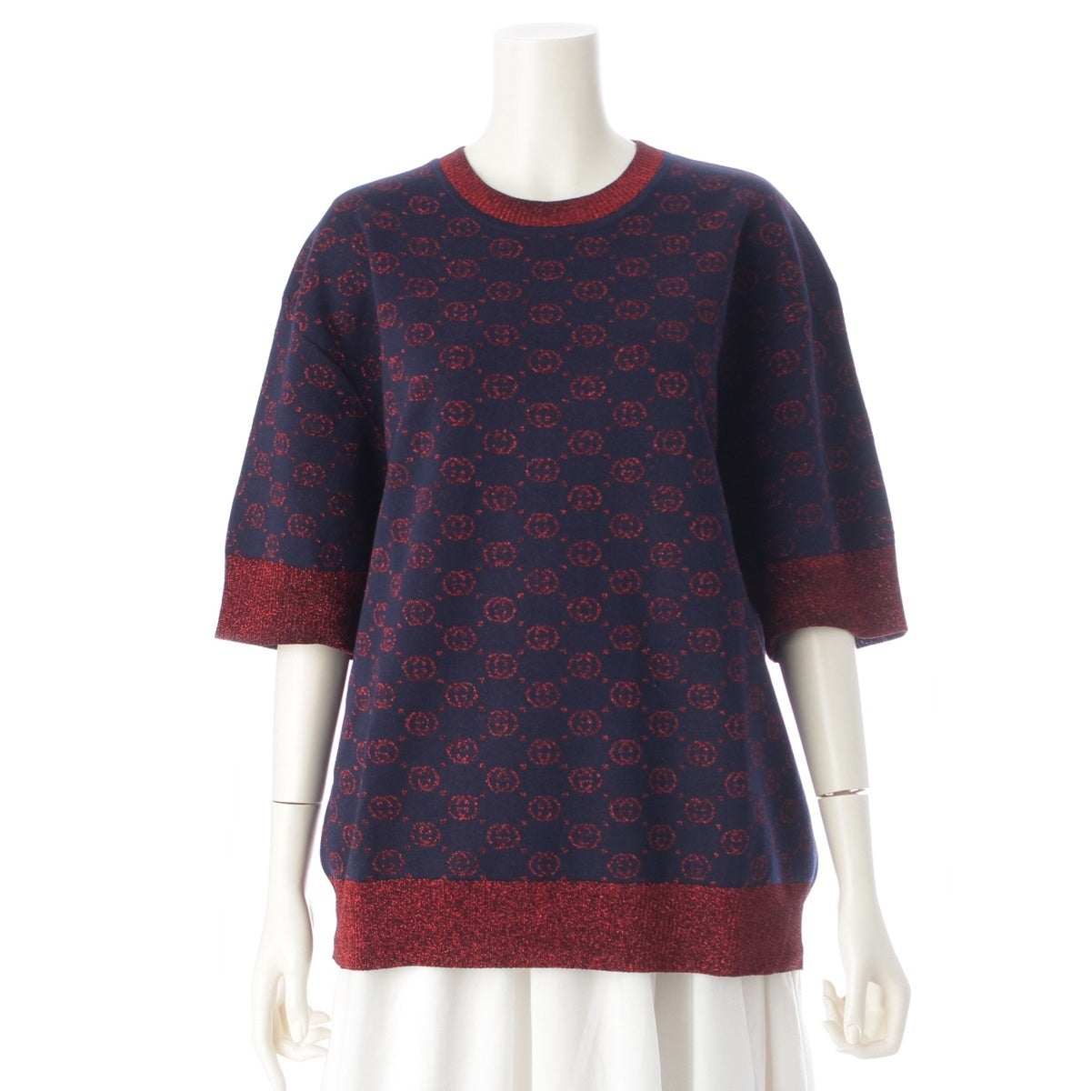 GUCCI cotton Interlocking G Lame Knit Short Sleeve knit 605920 Navy red L