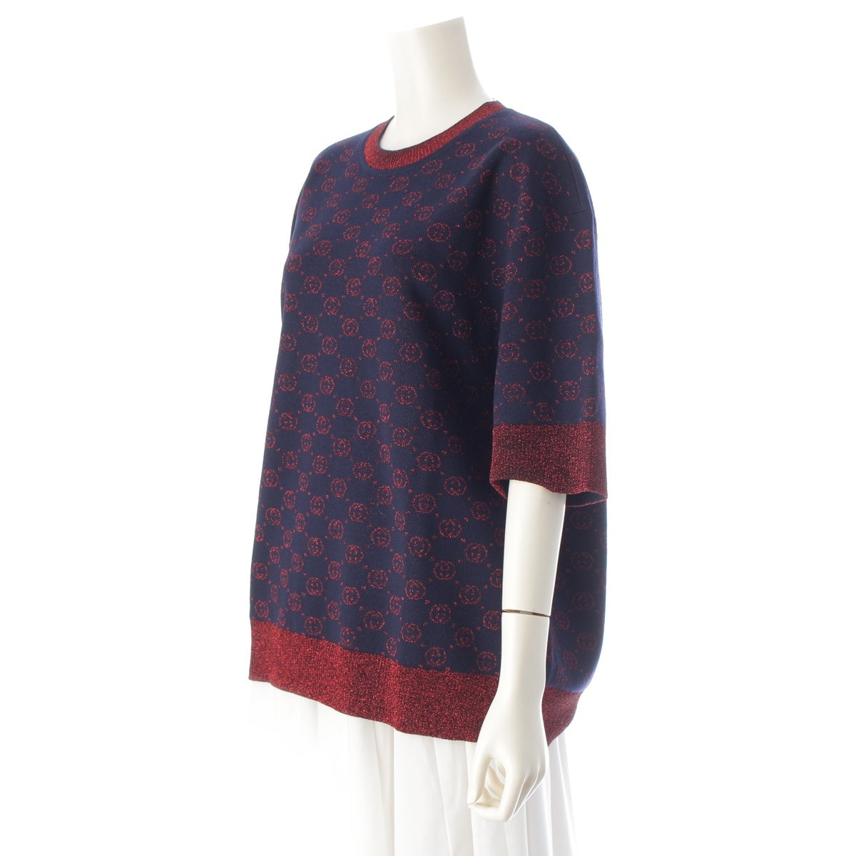 GUCCI cotton Interlocking G Lame Knit Short Sleeve knit 605920 Navy red L