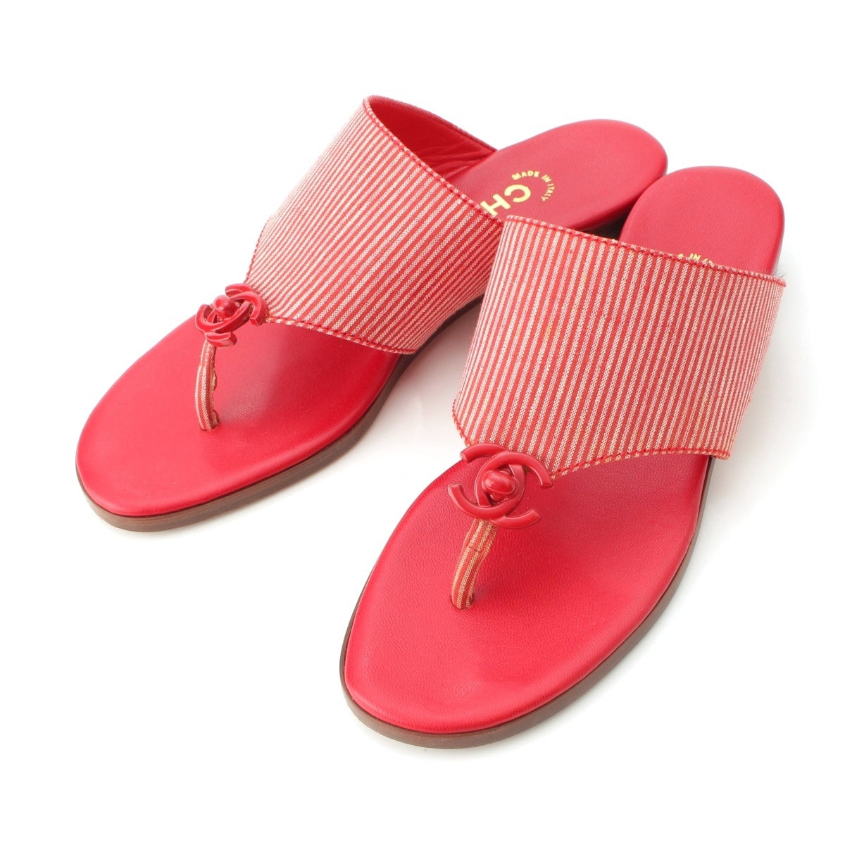 CHANEL Turnlock Toggle COCO Mark Stripe Sandals Red 37 1/2