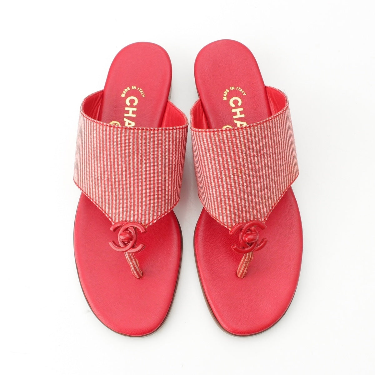 CHANEL Turnlock Toggle COCO Mark Stripe Sandals Red 37 1/2