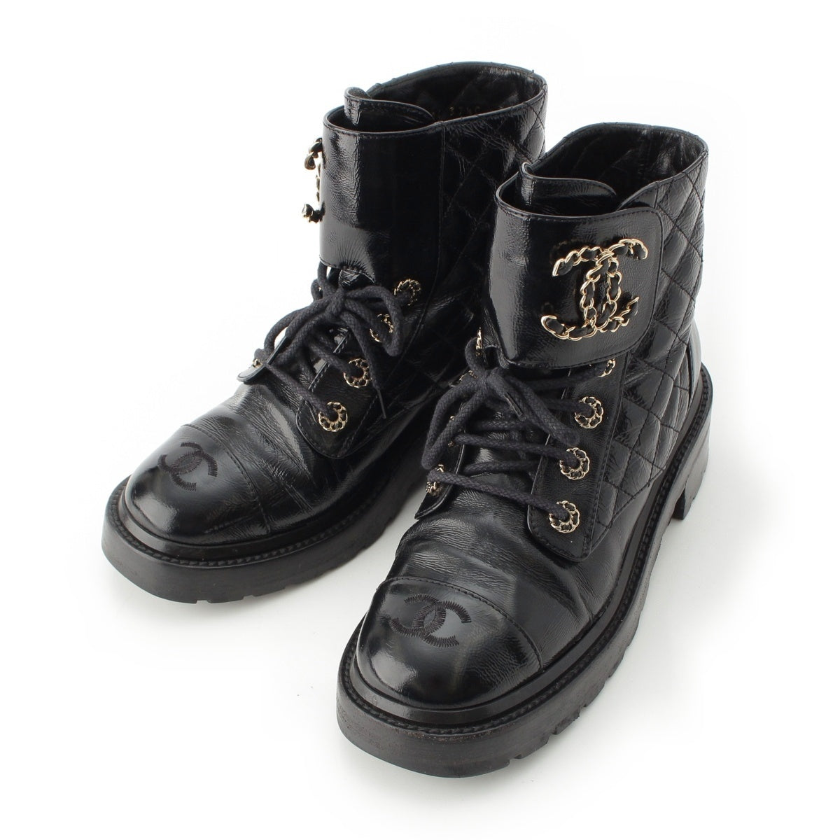 CHANEL leather COCO Mark Lace-Up Mountain Shorts boots shoes G36424 black 37.5