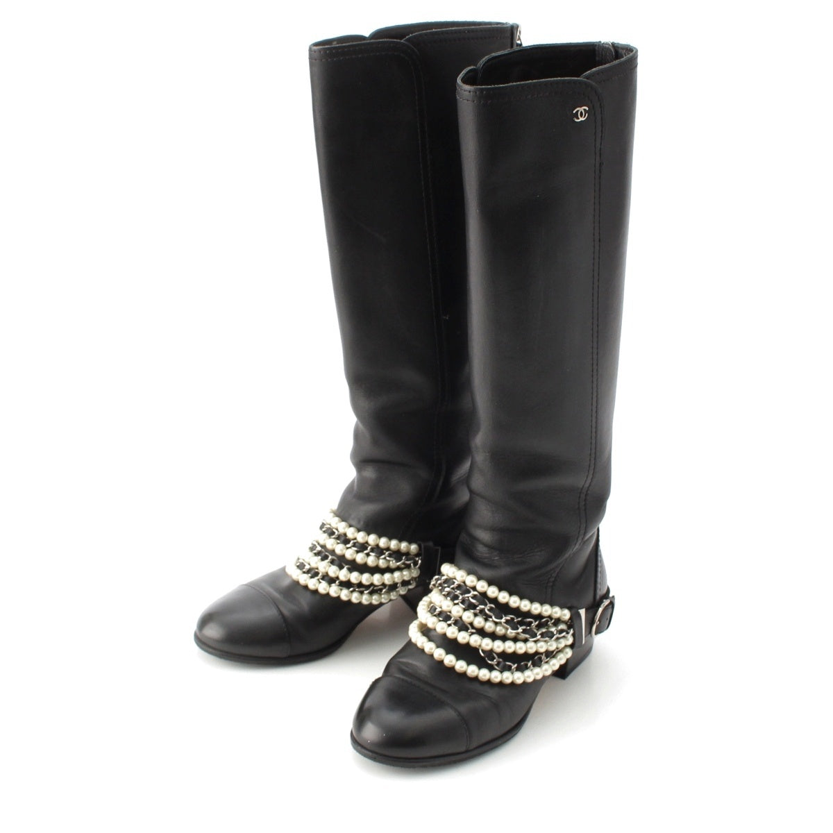 CHANEL Pearl Chain Long boots G33933 black 38C