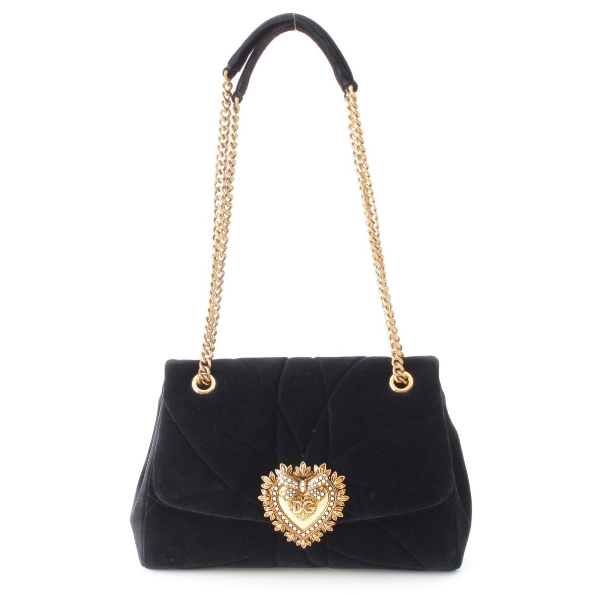 DOLCE&GABBANA devotion Velor leather DG Ribbon Pearl Chain Shoulder Bag black