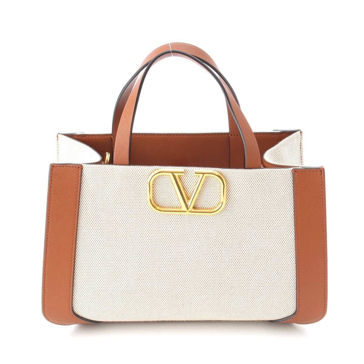 VALENTINO Canvas leather V-logo 2-way shoulder bag Handbag Beige brown